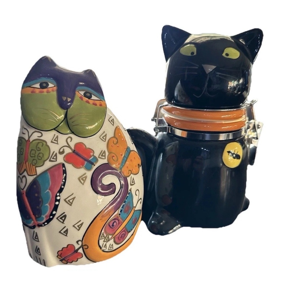 Colorful Ceramic Cat Canister and Black Cat Cookie Jar - Multicolor and Black